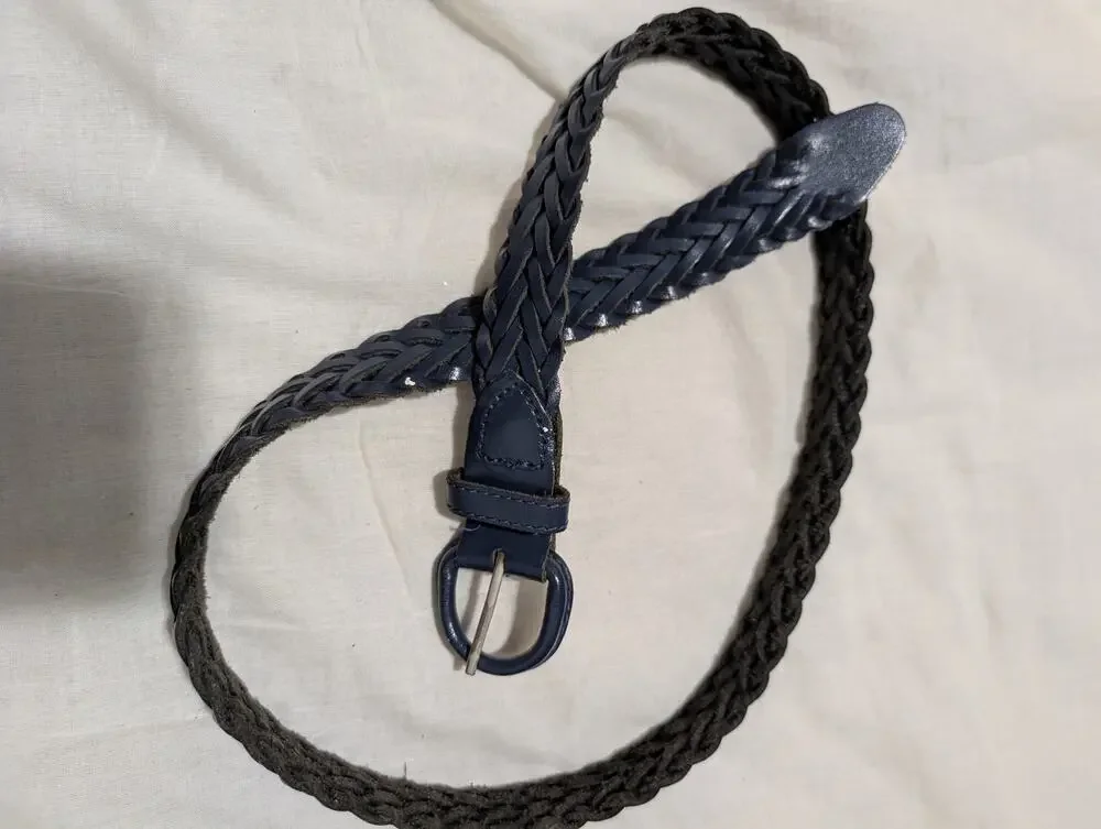 Vintage Navy Blue Braided Woven Leather Belt Size Small